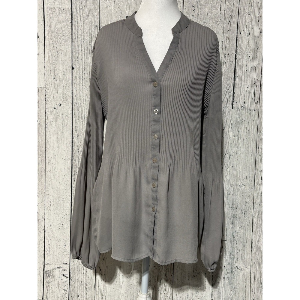 NY Collection Women's Gray Pleated Bell Long Sleeve V-Neck Blouse Top Size Large